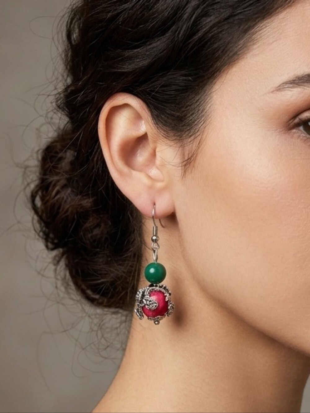Handcrafted Floral Green and Pink Bead Dangle Earrings